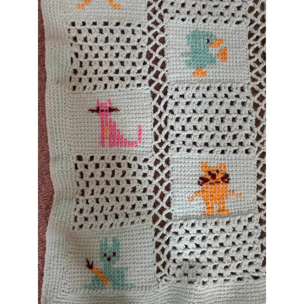 Vintage Handmade Crochet Baby Blanket Animal Cross Stitch Mint Green 34x31